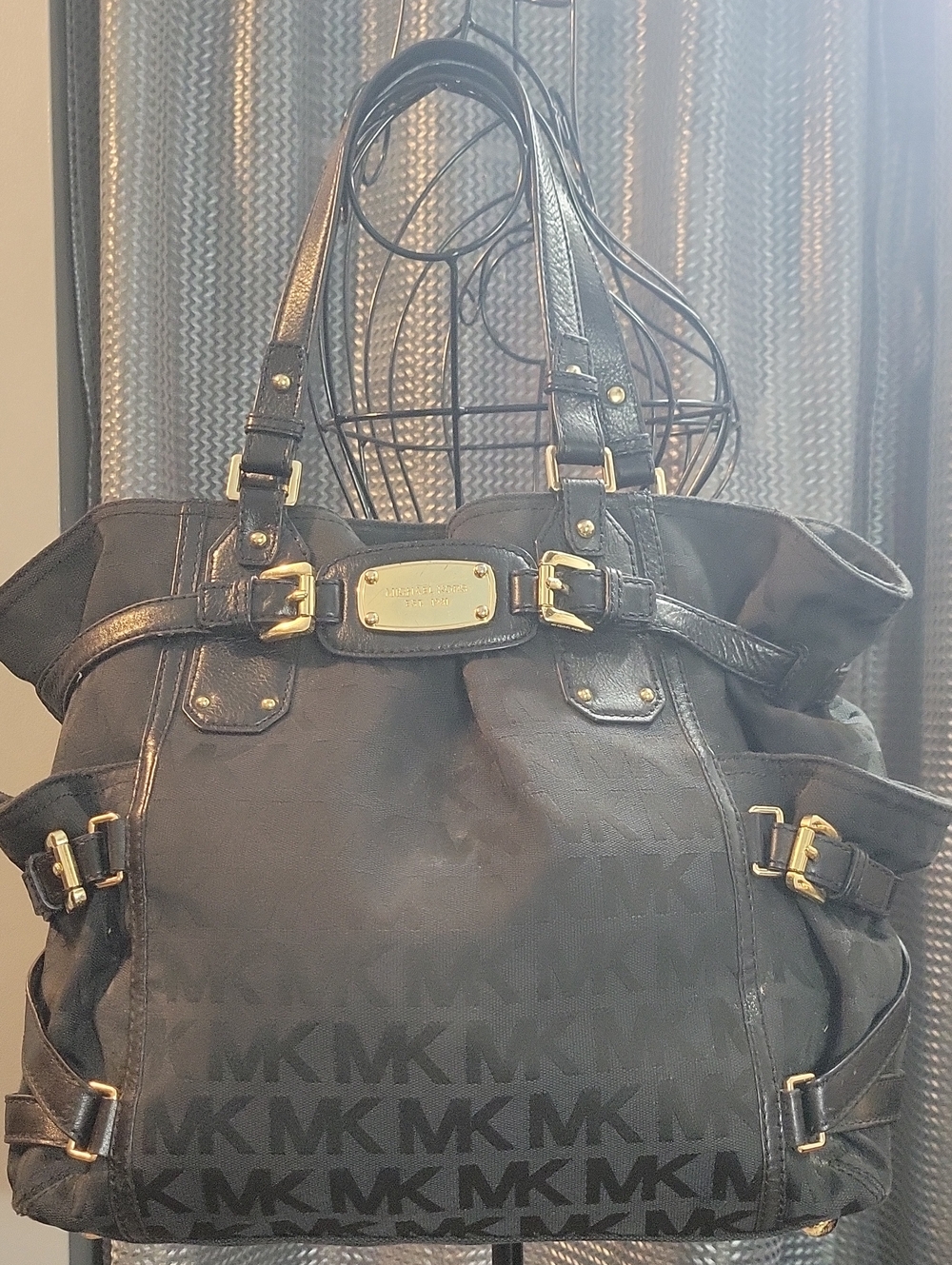 Michael Kors Black Logo Jacquard Tote with Gold Hardware